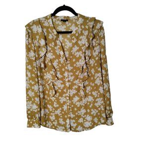 ANN TAYLOR PETALED V-NECK RUFFLE POPOVER TOP mustard yellow Woman's Size Large